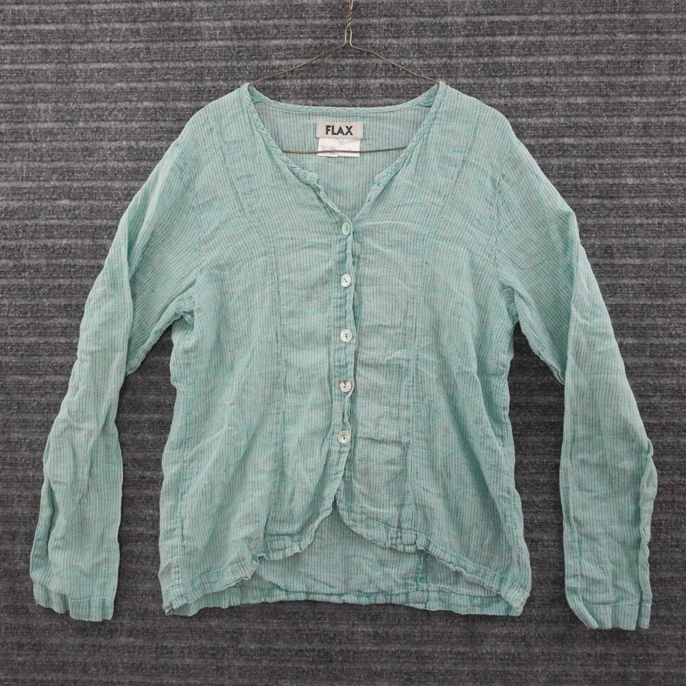Flax Jeanne Engelhart Linen Button Up Blouse Womens Small Turquoise Long Sleeve